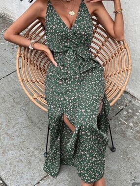 Floral Print High Slit Cami Maxi Dress | Green & Pink
